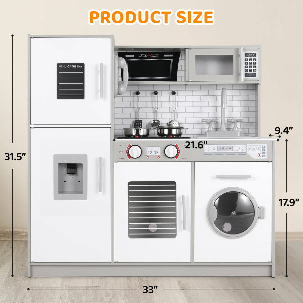 TLSUNNY Kids Play Kitchen, w/ Realistic Lights & Sounds, Washing Machine, Water Dispenser & Stove, Wooden Kitchen Playset for Toddlers Ages 3+