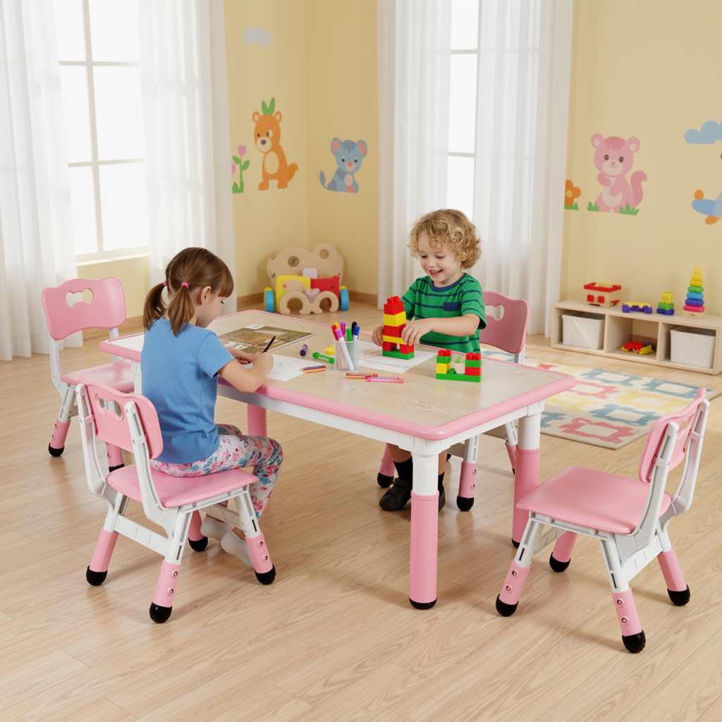 TLSUNNY Kids Table and 4 Chairs, Adjustable Height Childrens Activity Set with Graffiti Desktop & Anti-Slip Legs, for Daycare Classroom Home