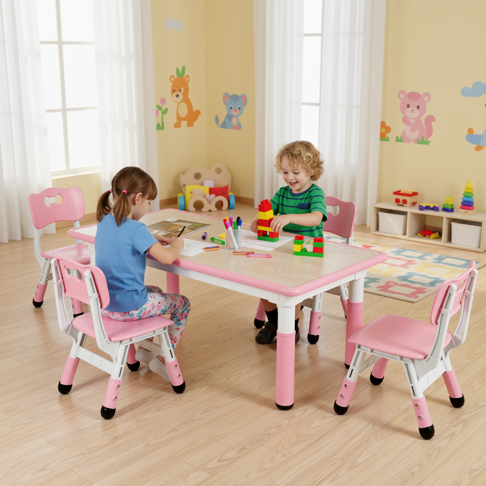 TLSUNNY Kids Table and 4 Chairs, Adjustable Height Childrens Activity Set with Graffiti Desktop & Anti-Slip Legs, for Daycare Classroom Home