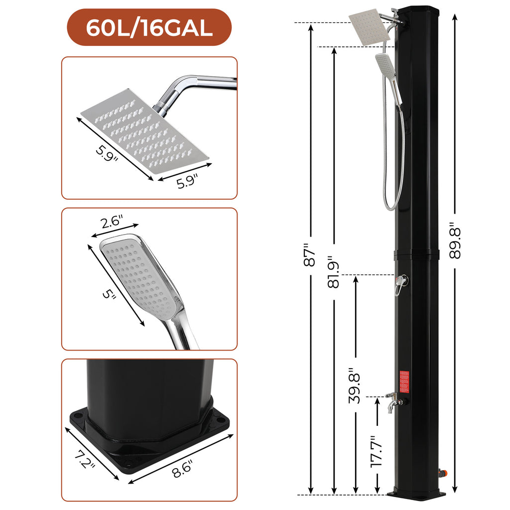 TLSUNNY 7.1FT 9.3 Gallon Solar Heated Shower with Shower Head, Handhold & Foot Tap for Poolside Backyard Beach Spa