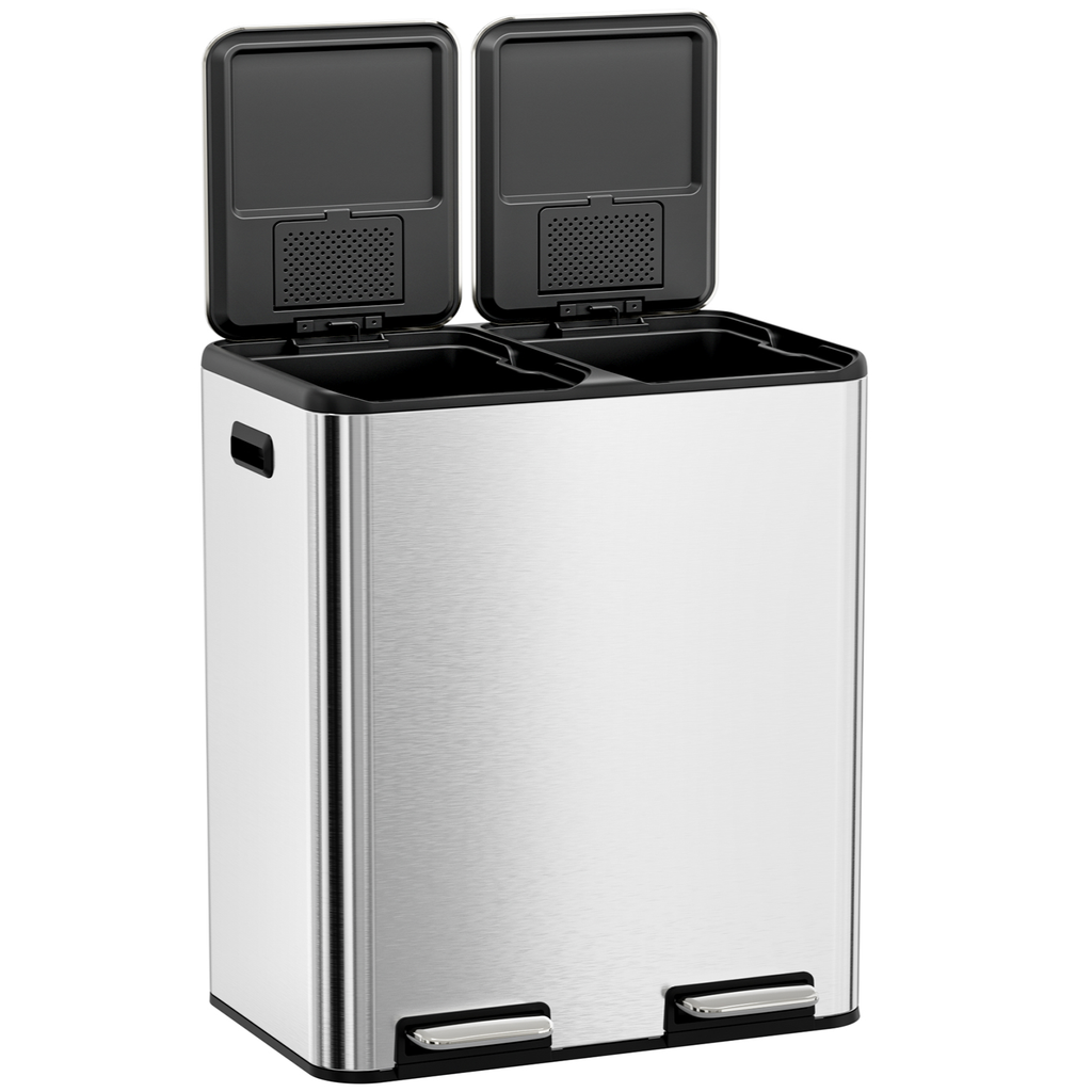 TLSUNNY 16 Gal / 60 L Dual Trash Can, Double Lid Step Bin w/ 2 Odor Control Box & Inner Buckets, for Living Room, Bathroom, Kitchen