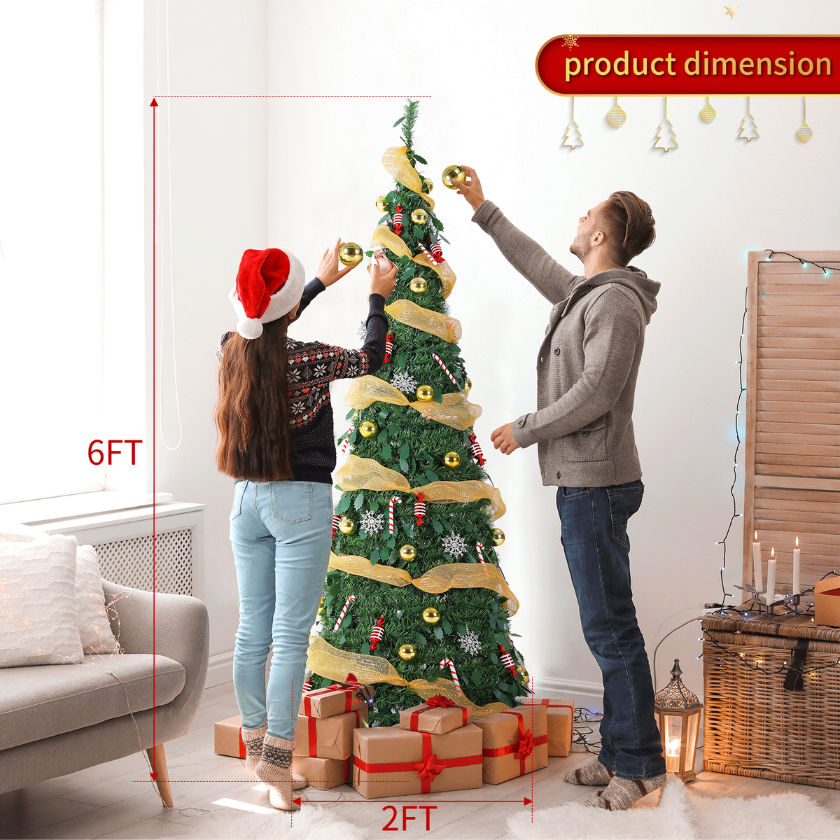 TLSUNNY 6/7FT Pop Up Christmas Tree, Pre-Lit Artificial Fir, 100 Multicolored Lights, Xmas Tree for Home, Office