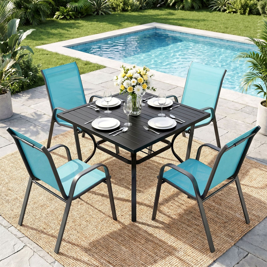 TLSUNNY 5-Piece Outdoor Patio Dining Set, W/ Metal Iron Square Table & Textilene Chairs for 4-Person