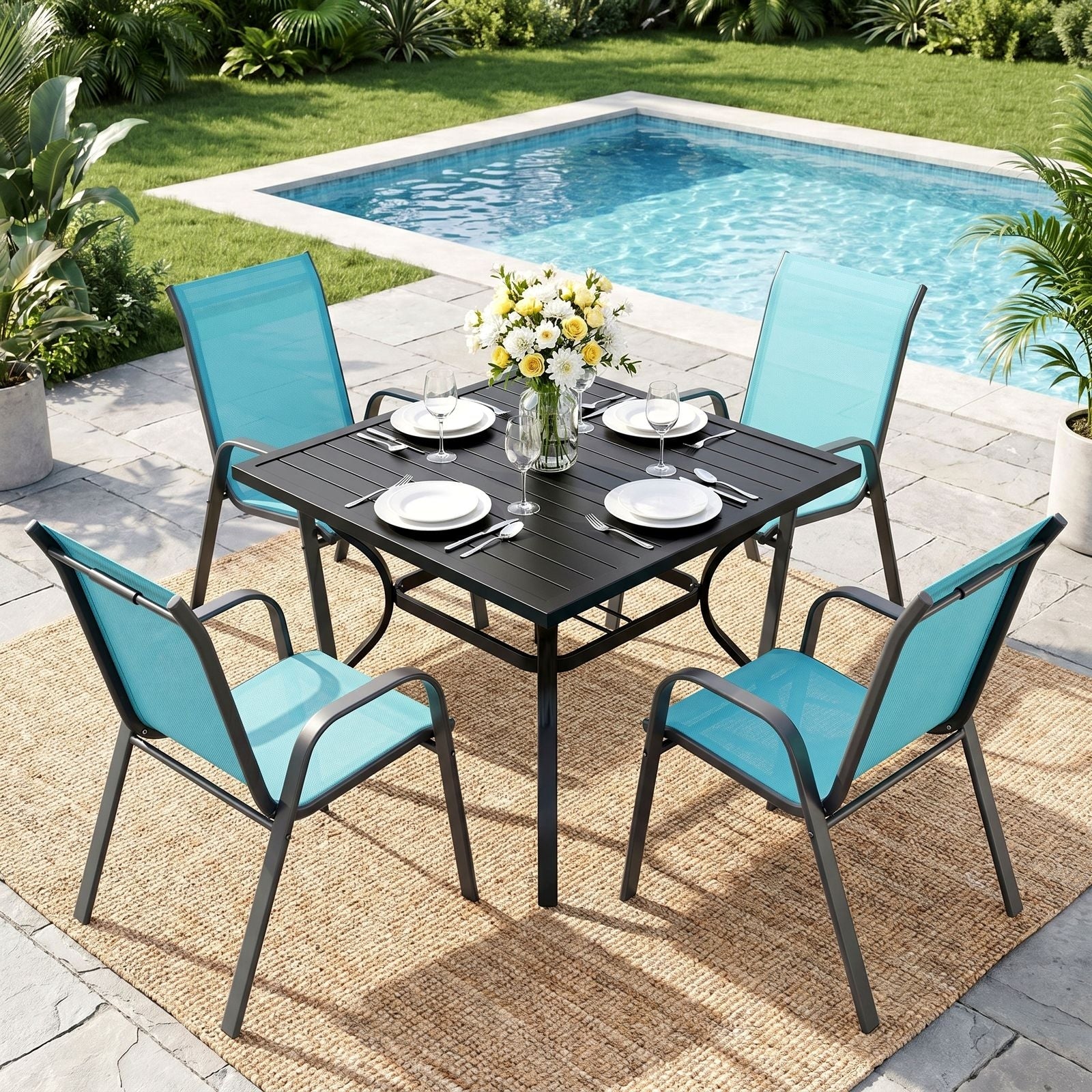 TLSUNNY 5-Piece Outdoor Patio Dining Set, W/ Metal Iron Square Table & Textilene Chairs for 4-Person