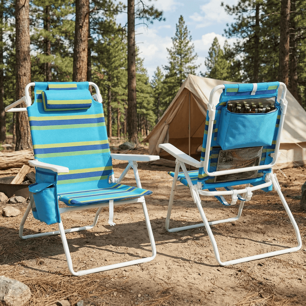 TLSUNNY Backpack Beach Chair Set of 1/2, Outdoor 5-Level Adjustable Folding Chair, w/ Cup Holder, Headrest, Storage Bag, Cooler Pouch, for Camping