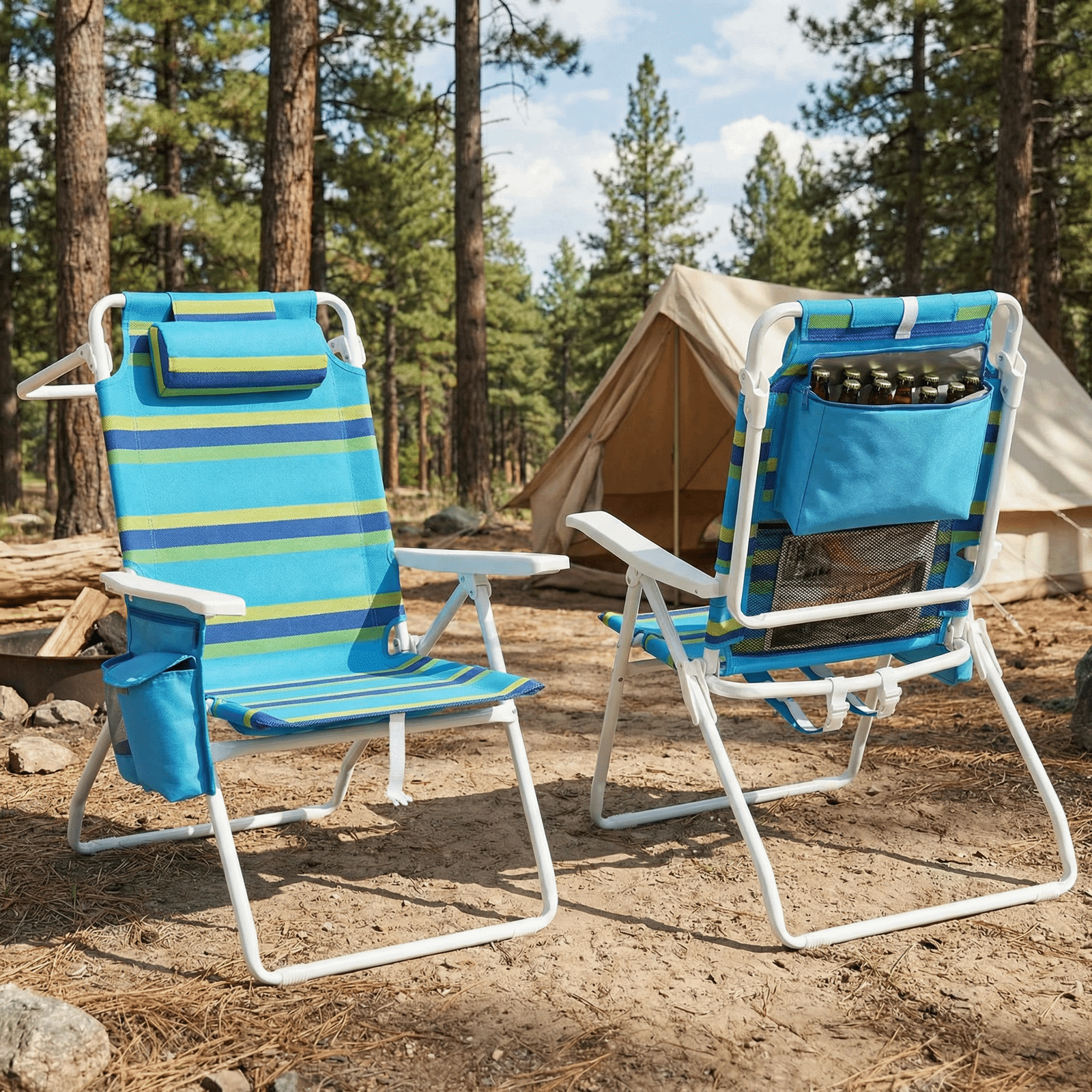TLSUNNY Backpack Beach Chair Set of 1/2, Outdoor 5-Level Adjustable Folding Chair, w/ Cup Holder, Headrest, Storage Bag, Cooler Pouch, for Camping