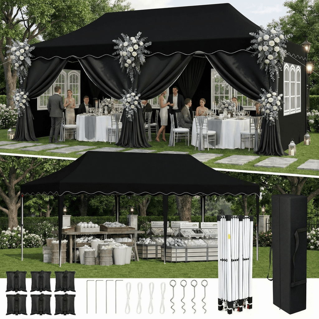 TLSUNNY 10'x20' Pop up Canopy Tent with 6 Sidewalls, Adjustable Height Commercial Events Instant Gazebo, with Wheeled Bag