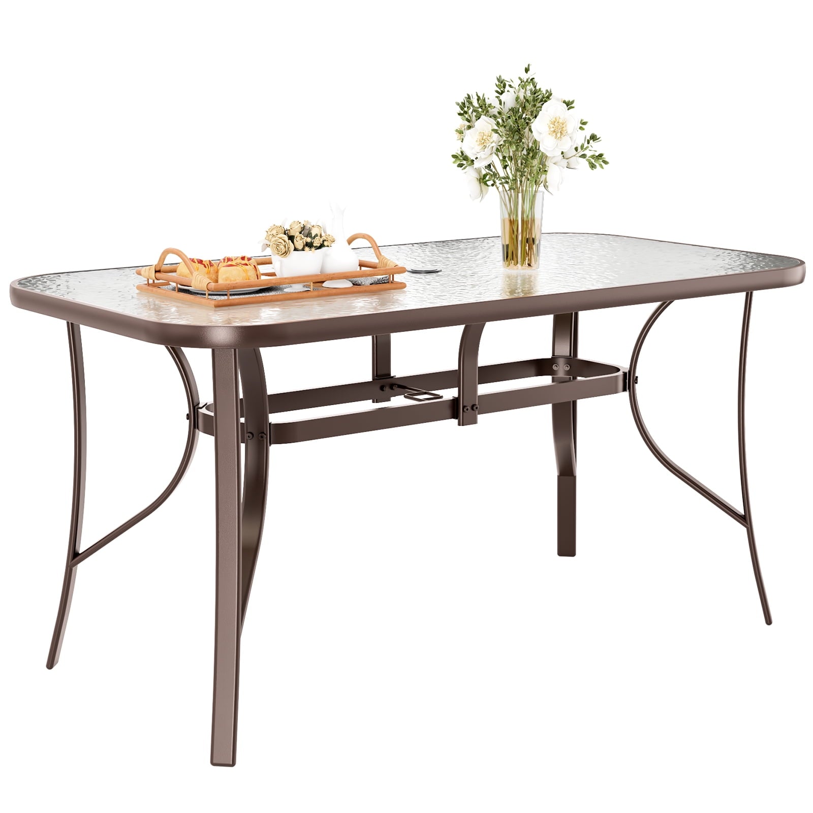 TLSUNNY Outdoor Dining Table with Umbrella Hole, Rectangular Glass Patio Table, Outdoor Metal Furniture for Outside, Garden, Balcony, Black