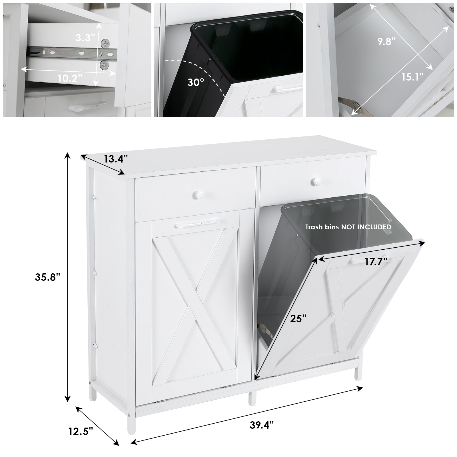 TLSUNNY Dual Tilt-Out Trash Cabinet, Freestanding Recycling Station with Drawer for Living Room/Kitchen
