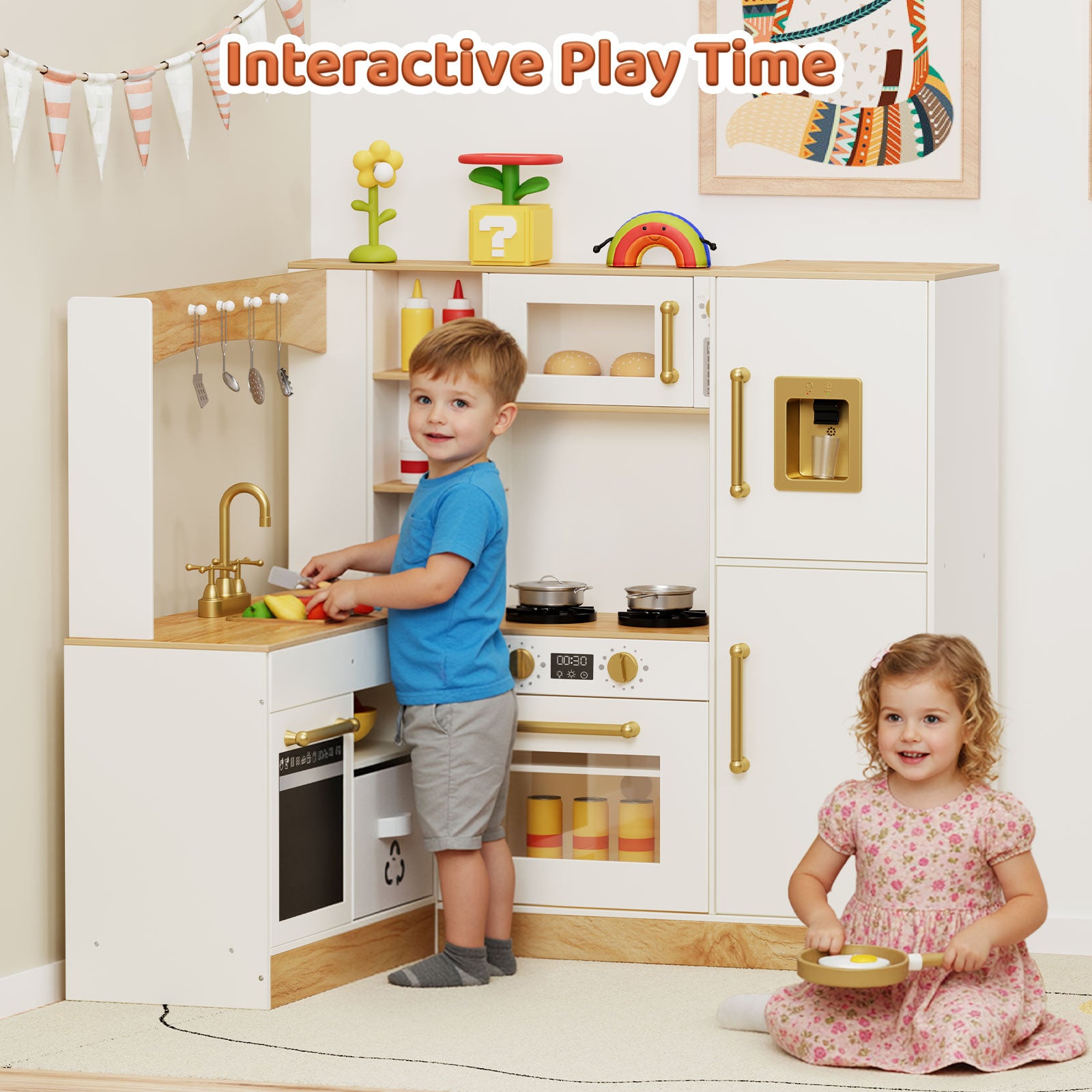 TLSUNNY Corner Play Kitchen with Lights & Sounds, Sink, Fridge, Microwave & Storage, Wooden Toddler Toy for Ages 3+