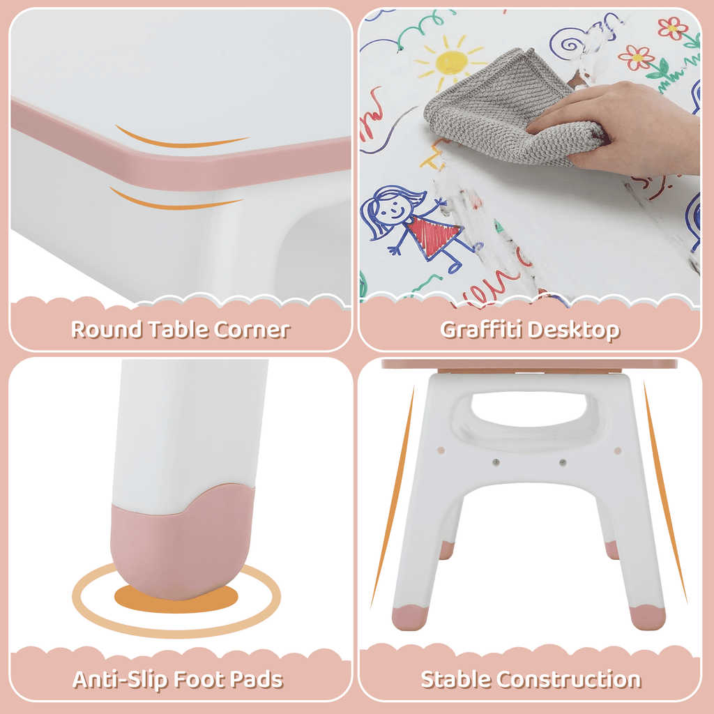 TLSUNNY Kids Table and 2 Chairs Set, Toddler Activity Table with Large Storage, Graffiti Desktop, Adjustable Height Chair with Anti-Slip Foot Covers, for Reading, Drawing, Snack Time
