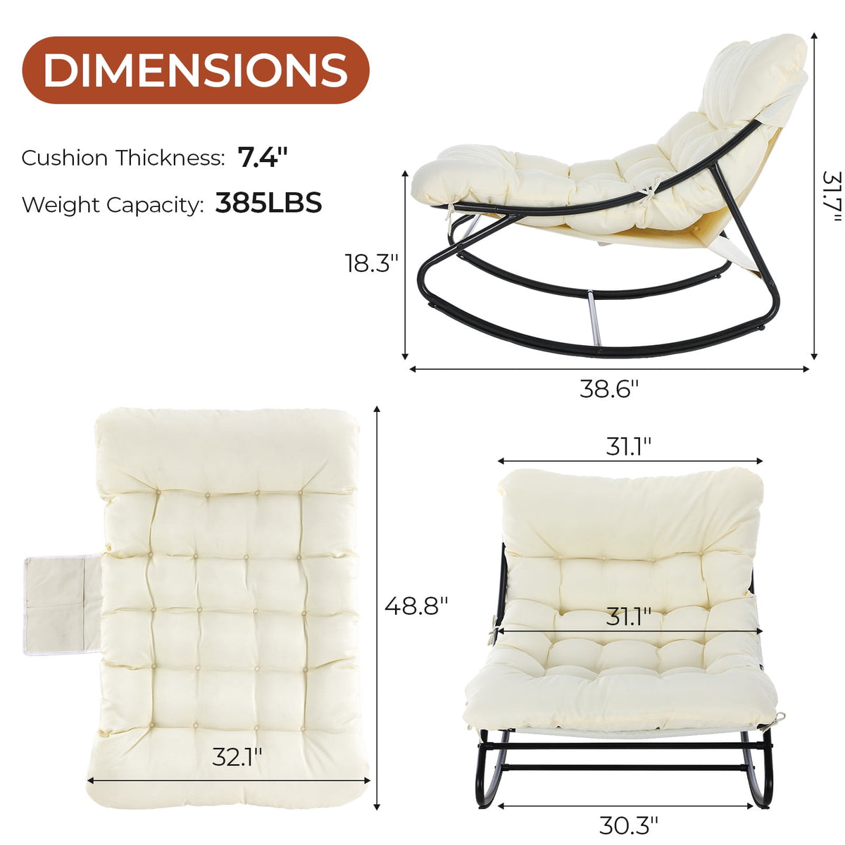 TLSUNNY Indoor Rocking Chair, Accent Rocker Chair with Solid Metal Frame, Side Pocket, Papasan Rocker Lounge Chair for Living Room/Bedroom/Reading Nook