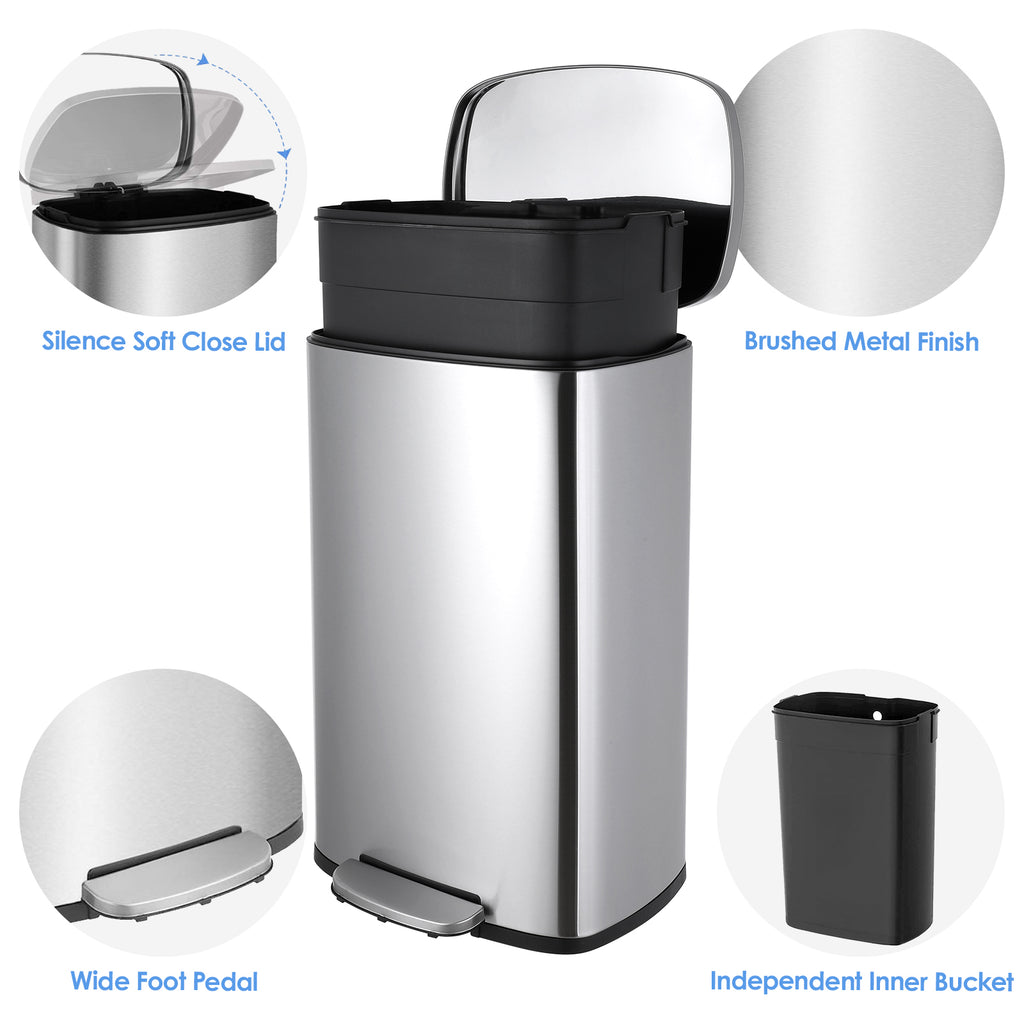 TLSUNNY 8/13.2 Gallon Step Trash Can, Stainless Steel Garbage Bin, Soft-Close Rubbish Bin with Removable Plastic Inner Bucket, Fingerprint-Proof, Lid Dustbin, Suit for Kitchen Home