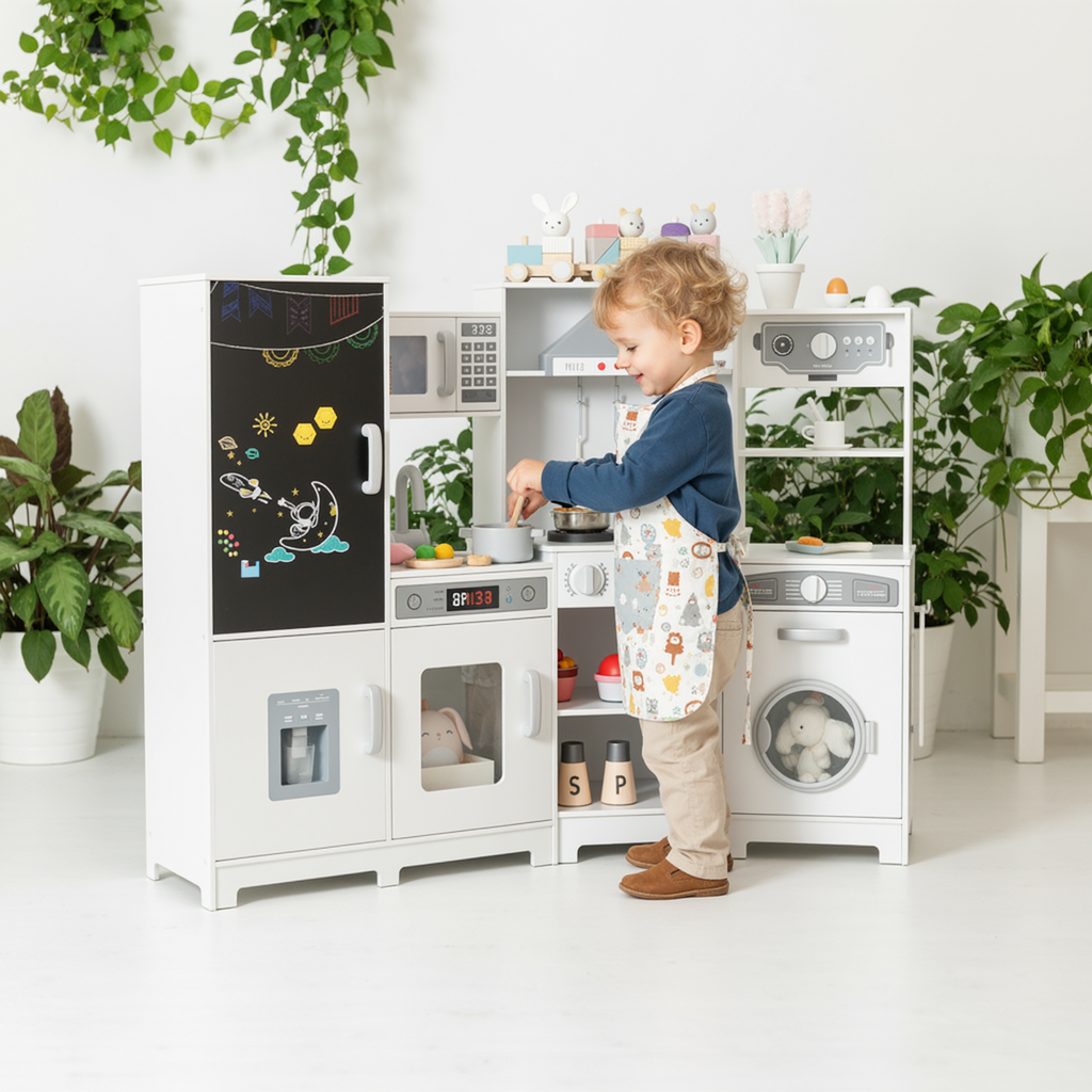 TLSUNNY Toddler Wooden Play Kitchen, with Chalk Board, Washer Dryer, Stove Sound & Range Hood, Cookware for Kids Ages 3+