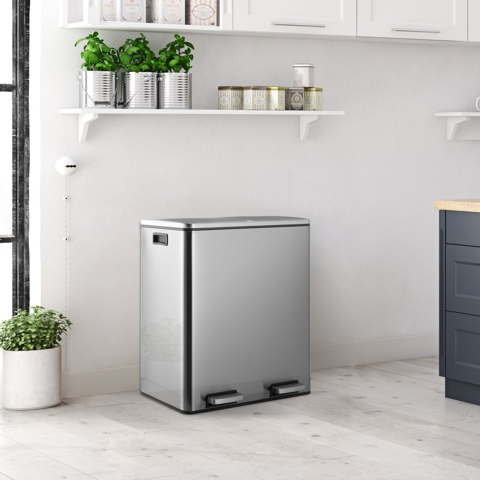 TLSUNNY 16 Gal Double Trash Can Kitchen, Dual Compartment Recycling Bin with Removable Buckets, for Home, Office