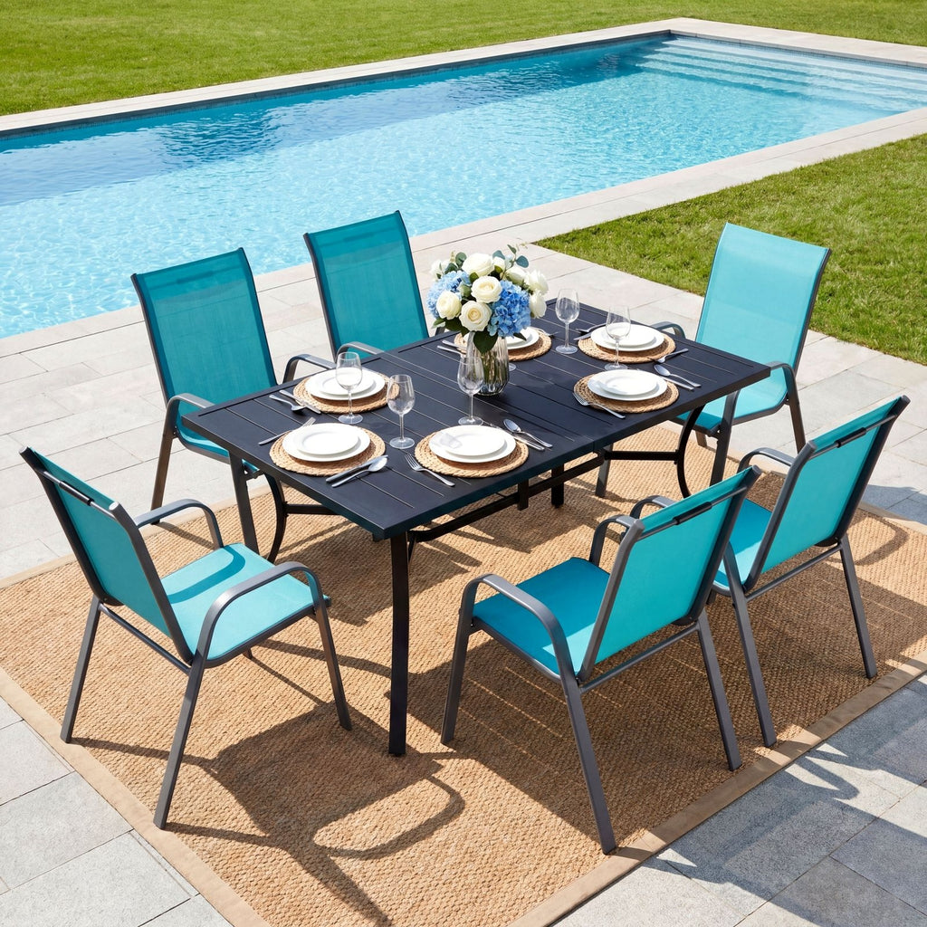 TLSUNNY Outdoor Dining Set, Patio Metal Table and 6 Chairs Set, W/ Umbrella Hole, Stackable Chairs, Outdoor Furniture for Backyard, Porch, Garden
