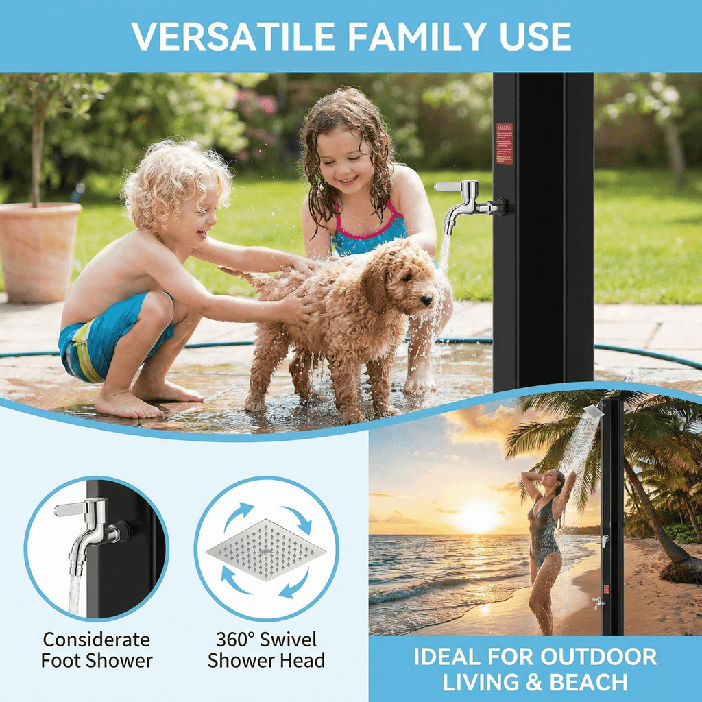 TLSUNNY 10.6/16 Gal Solar Heated Shower, Water Temperature Adjustable, W/ 360° Rotating Shower Head, Faucet, Protective Cover, 7.5FT Freestanding Outdoor Shower for Pool, Garden, Beach, SPA, Backyard