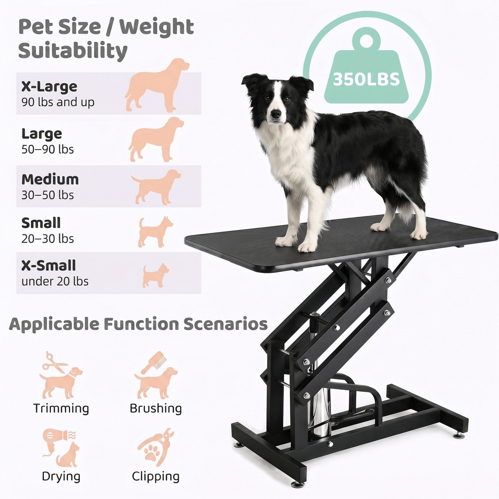 TLSUNNY 42.4'' Hydraulic Pet Dog Grooming Table for Dogs & Cats, 21"- 35" Height Adjustable Heavy Duty, Adjustable Overhead Arm & Noose, Non-Slip Top, 350 LBS