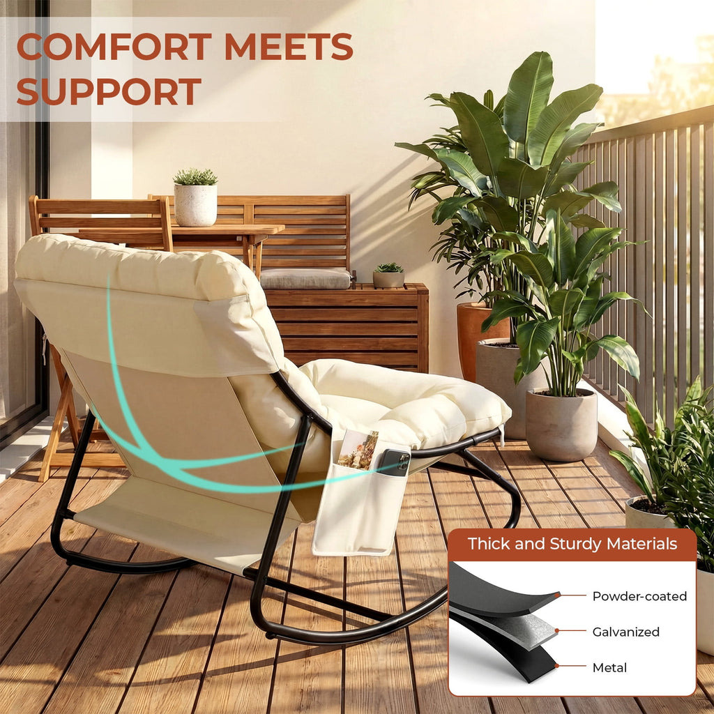 TLSUNNY Indoor Rocking Chair, Accent Rocker Chair with Solid Metal Frame, Side Pocket, Papasan Rocker Lounge Chair for Living Room/Bedroom/Reading Nook