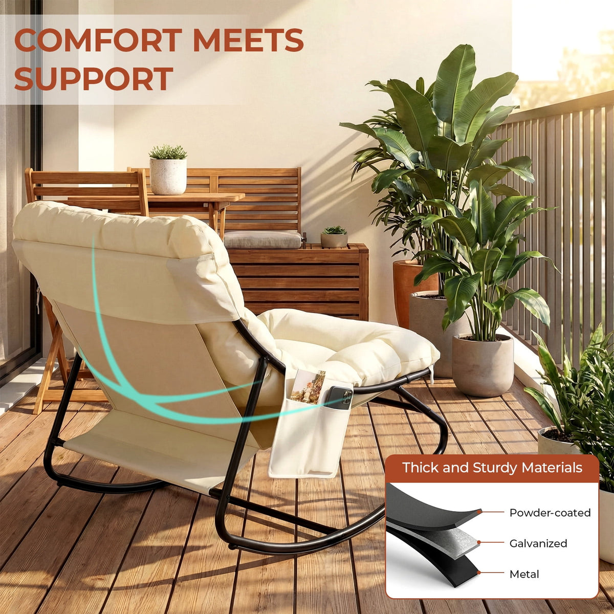 TLSUNNY Indoor Rocking Chair, Accent Rocker Chair with Solid Metal Frame, Side Pocket, Papasan Rocker Lounge Chair for Living Room/Bedroom/Reading Nook