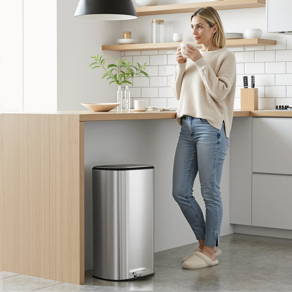 TLSUNNY 30L Step-On Oval Trash Can, 8 Gal Brushed Stainless Steel Garbage Bin with Slow-Close Lid & Handle for Kitchen/Bathroom