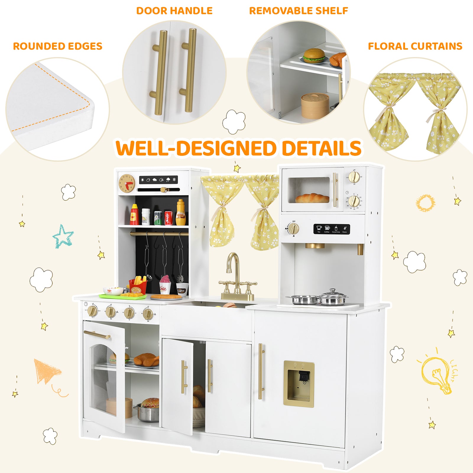 TLSUNNY Kids Play Kitchen with Realistic Lights & Sounds, Wooden Toy Pretend Play Kitchen Set w/ Sink, Faucet, Microwave, Curtain for Ages 3+