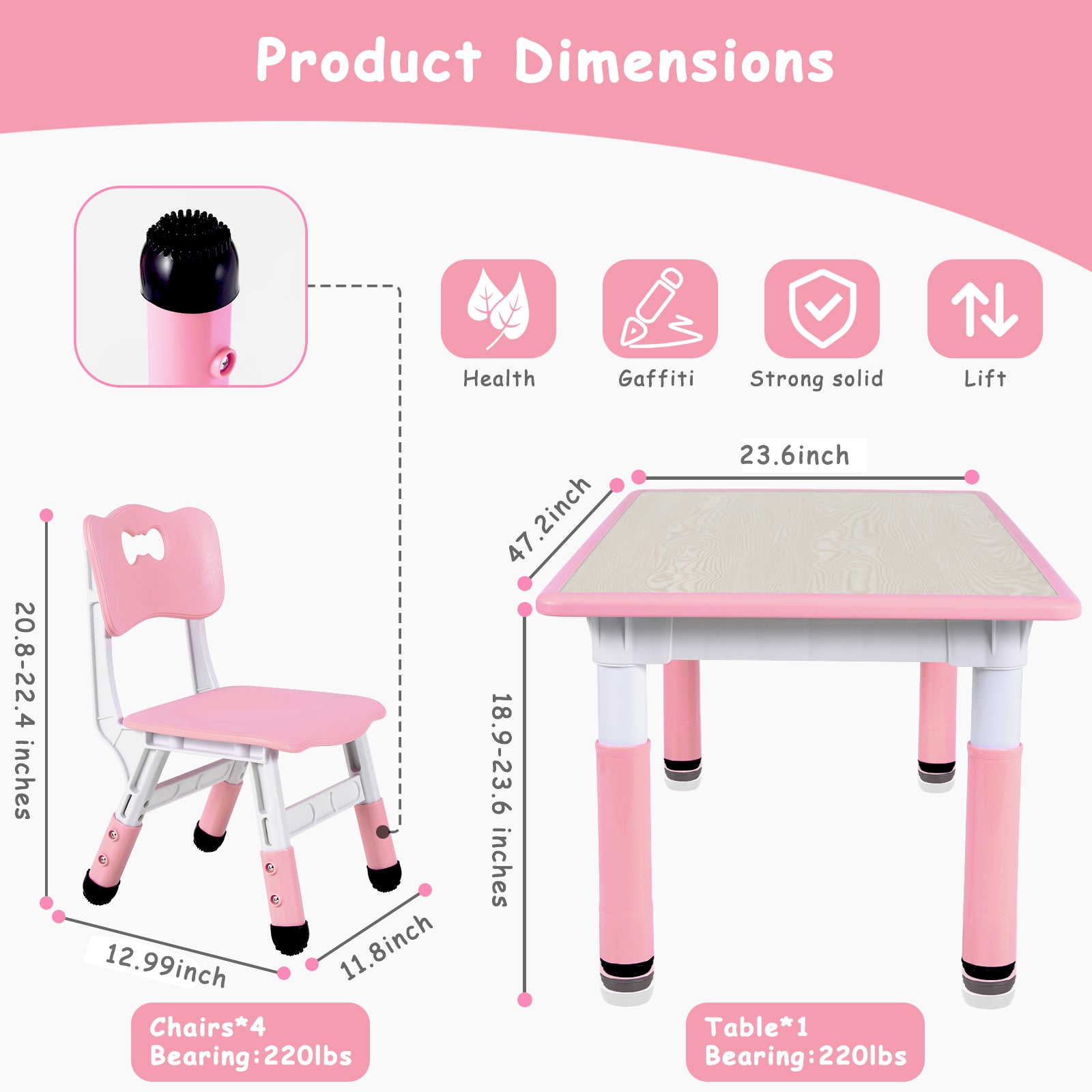 TLSUNNY Kids Table and 4 Chairs, Adjustable Height Childrens Activity Set with Graffiti Desktop & Anti-Slip Legs, for Daycare Classroom Home