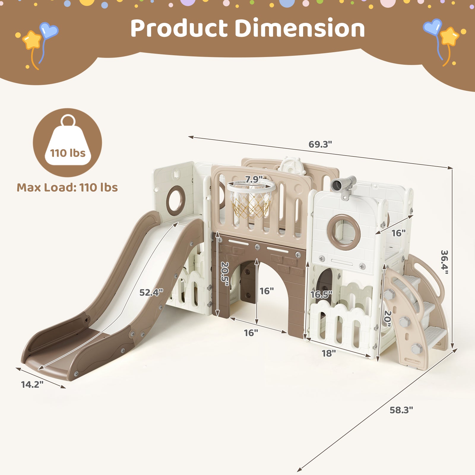 TLSUNNY 9-in-1 Kids Slide & Climber Set, with Basketball Hoop, Telescope & Tunnel, Indoor Outdoor Toddler Playset