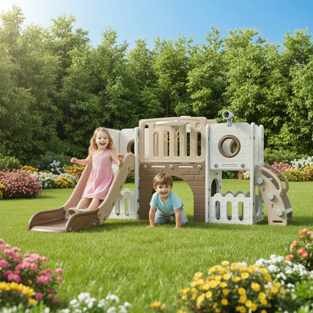 TLSUNNY 9-in-1 Kids Slide & Climber Set, with Basketball Hoop, Telescope & Tunnel, Indoor Outdoor Toddler Playset