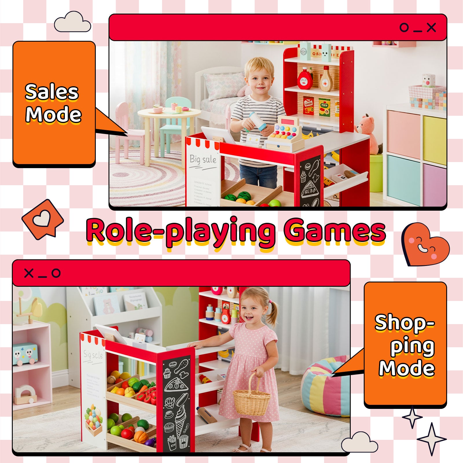 TLSUNNY Kids Pretend Play Grocery Store Playset, Wooden Supermarket Toy Set, Toddler Market Checkout Stand w/ Chalkboard, Cash Register, Shelves, Play Food Accessories