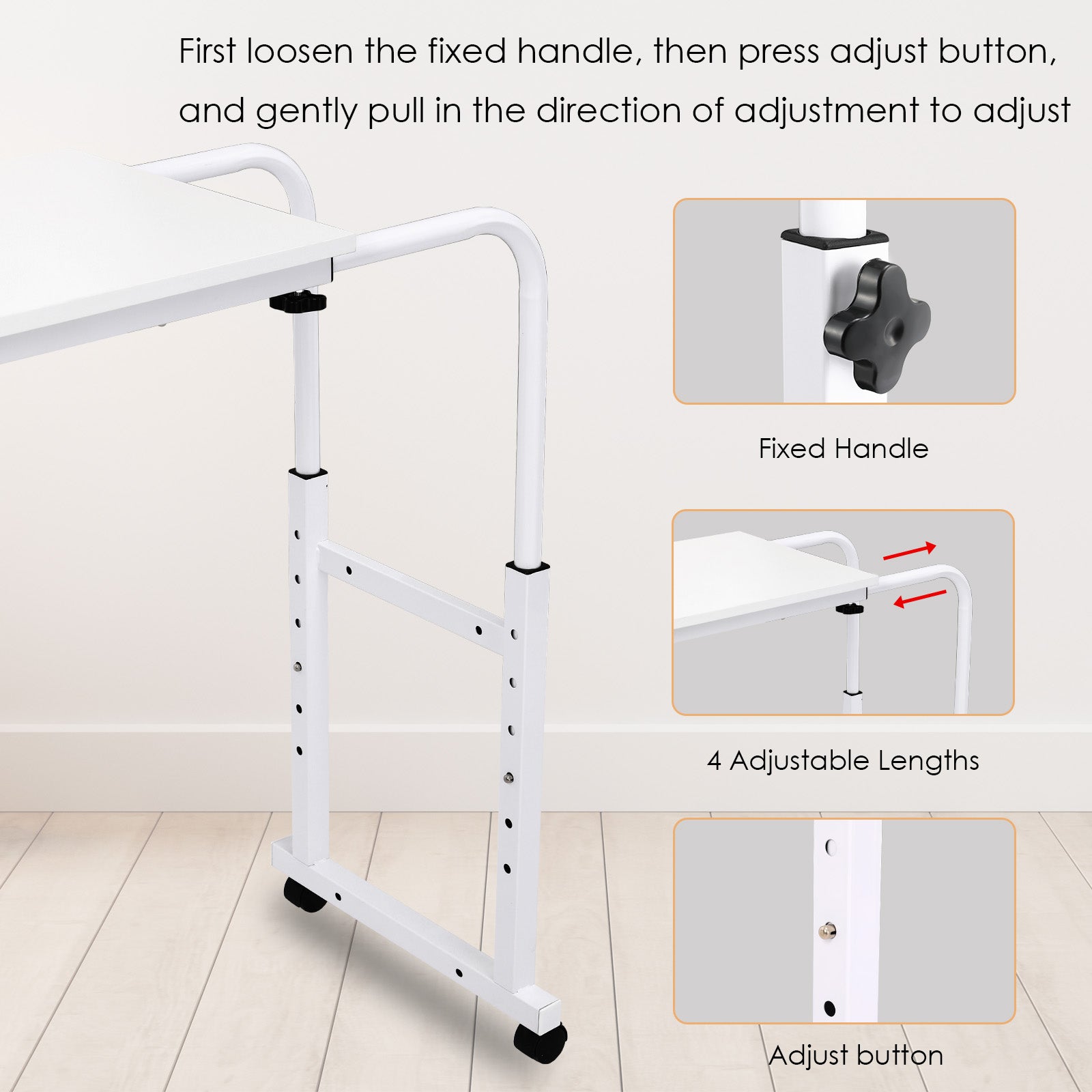 TLSUNNY Adjustable Overbed Table with Wheels, Height & Length Adjustable Laptop Cart w/ Tilt Stand, Side Storage Basket for King/Queen Beds