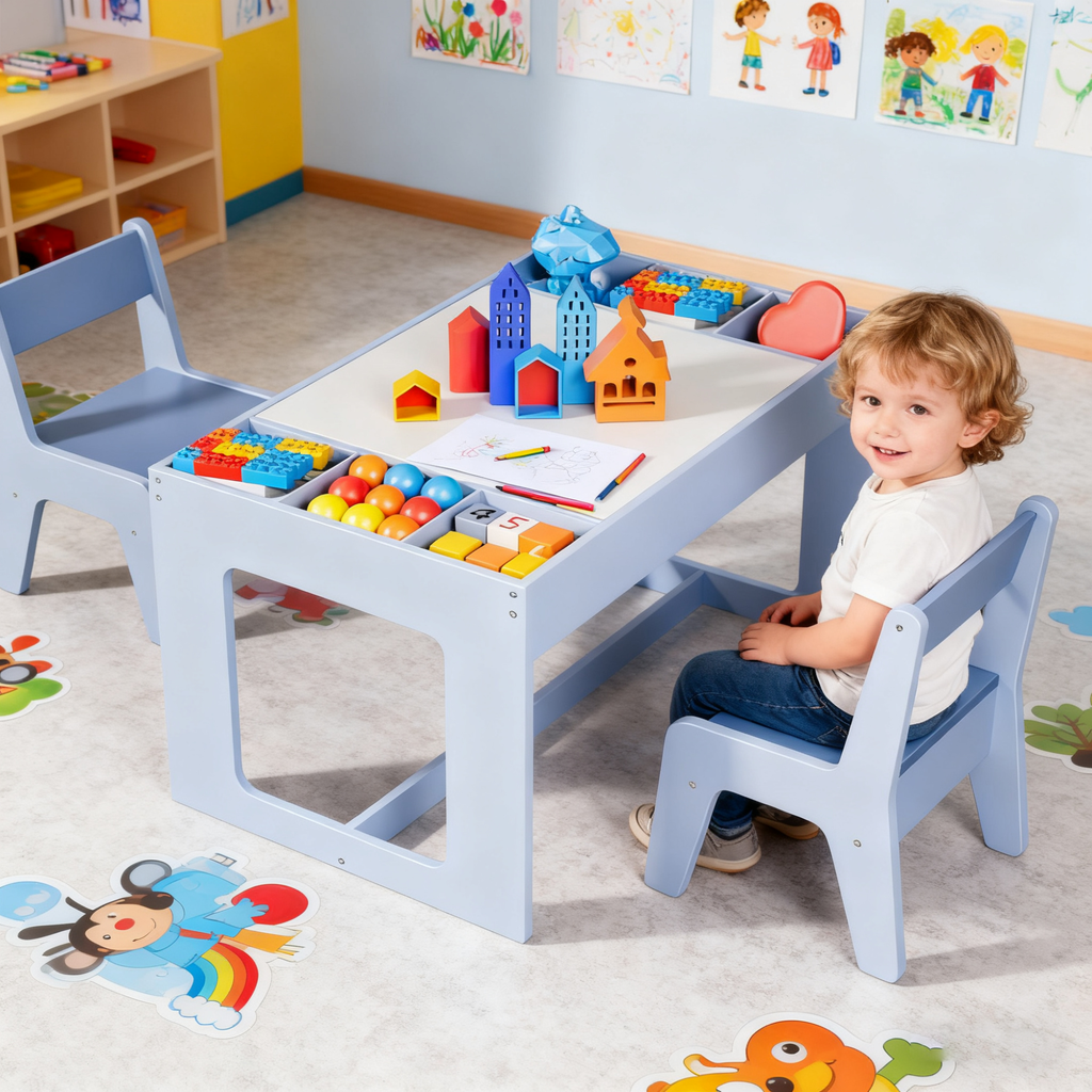 TLSUNNY Kids Table and Chairs Set with Storage, Children's Wooden Drawing Table, w/ Reversible Top & Chalkboard, for Home, Playroom, Nursery