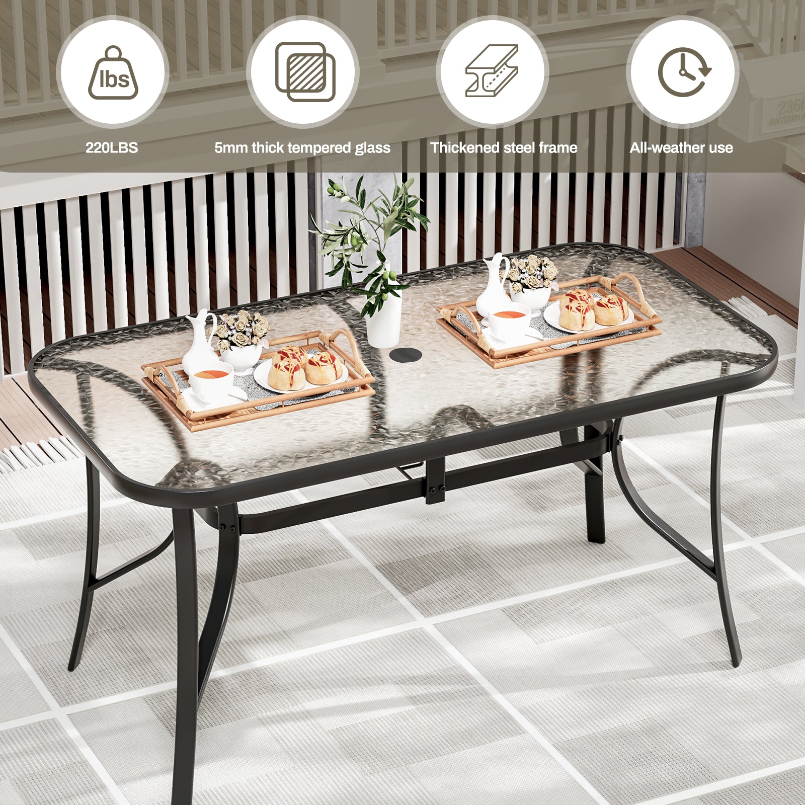 TLSUNNY Outdoor Dining Table with Umbrella Hole, Rectangular Glass Patio Table, Outdoor Metal Furniture for Outside, Garden, Balcony, Black