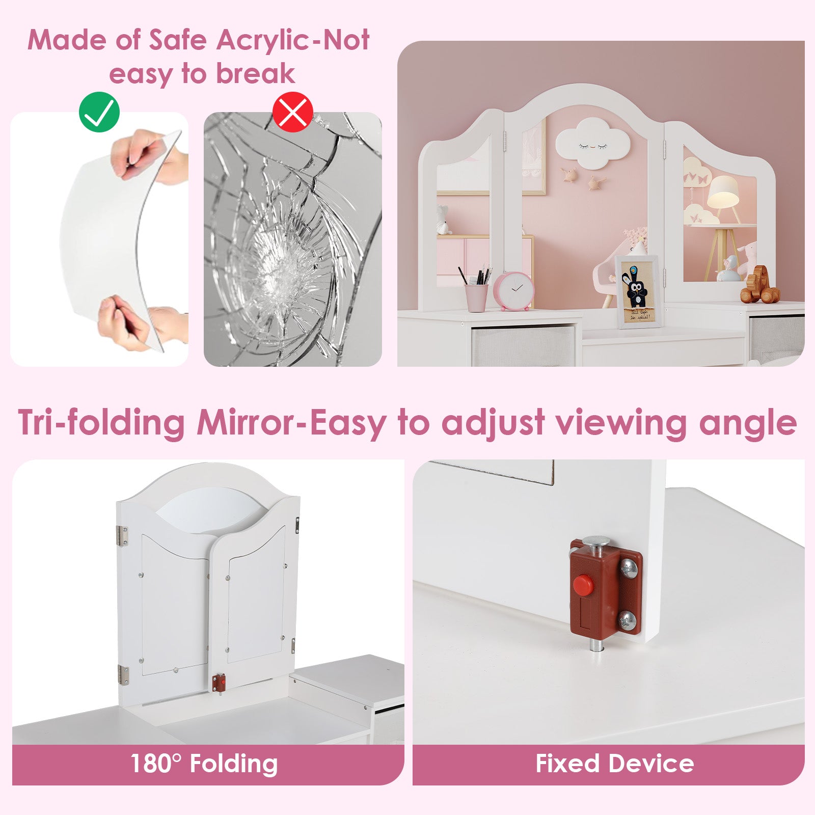 TLSUNNY Kids Vanity Set, Toddler Princess Makeup Desk & Stool Set w/ Tri-Fold Mirror Storage Drawers, for Girls
