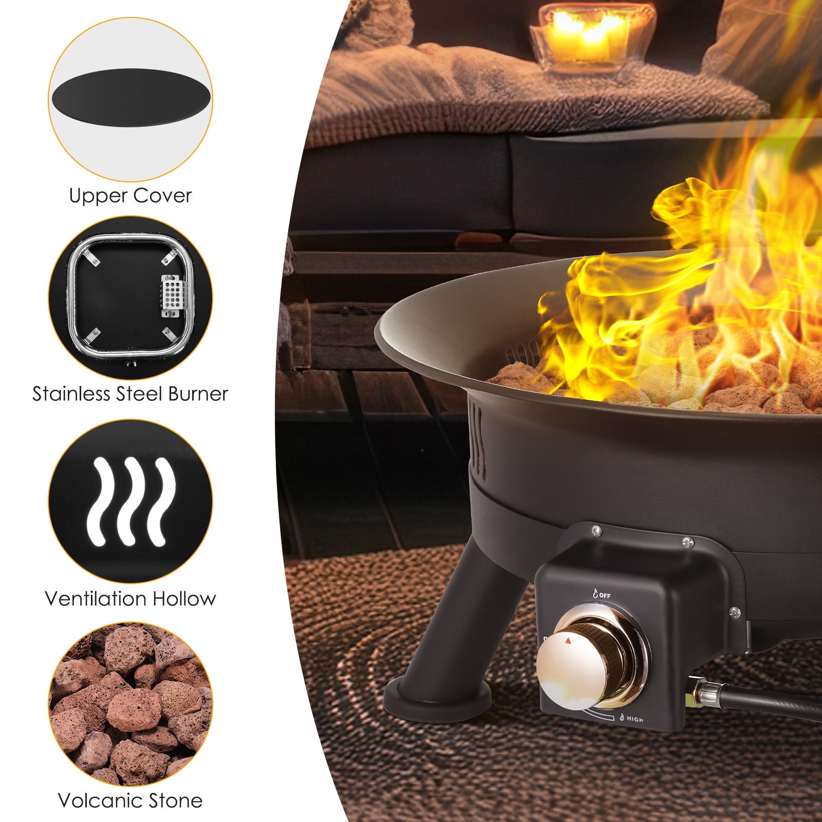 TLSUNNY 24'' Portable Propane Fire Pit, 58,000 BTU Smokeless Firebowl, w/ Cover & Lava Rocks, for Patio, Outdoor