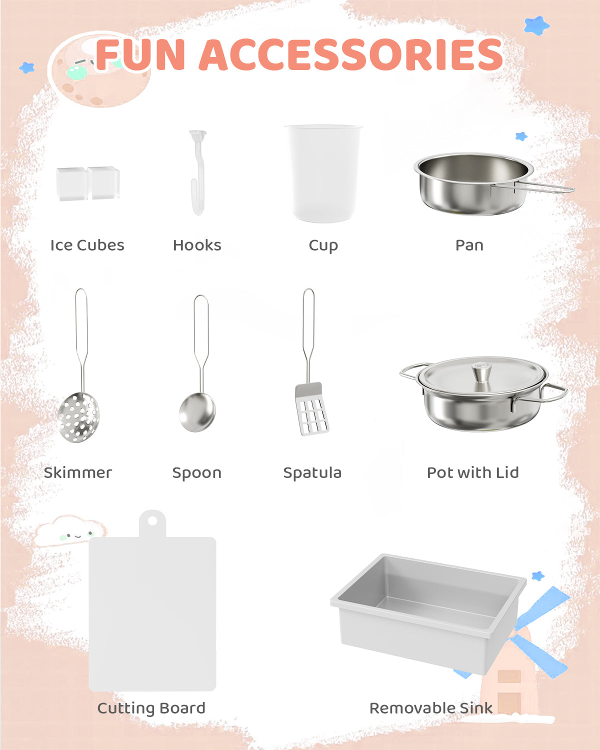 TLSUNNY Toddler Wooden Play Kitchen, with Chalk Board, Washer Dryer, Stove Sound & Range Hood, Cookware for Kids Ages 3+