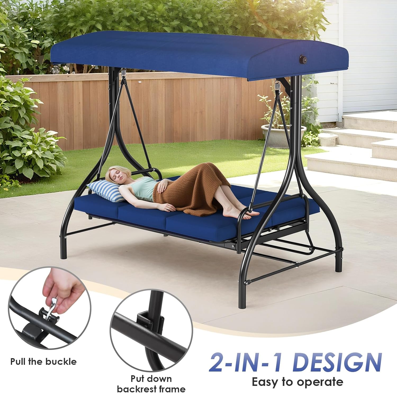TLSUNNY Canopy Swing Chair Set, 3-Seat Outdoor Swing Chair with Stand & Removable Seat Cushion, for Patio, Backyard, Balcony Relaxation, Supports 750lbs