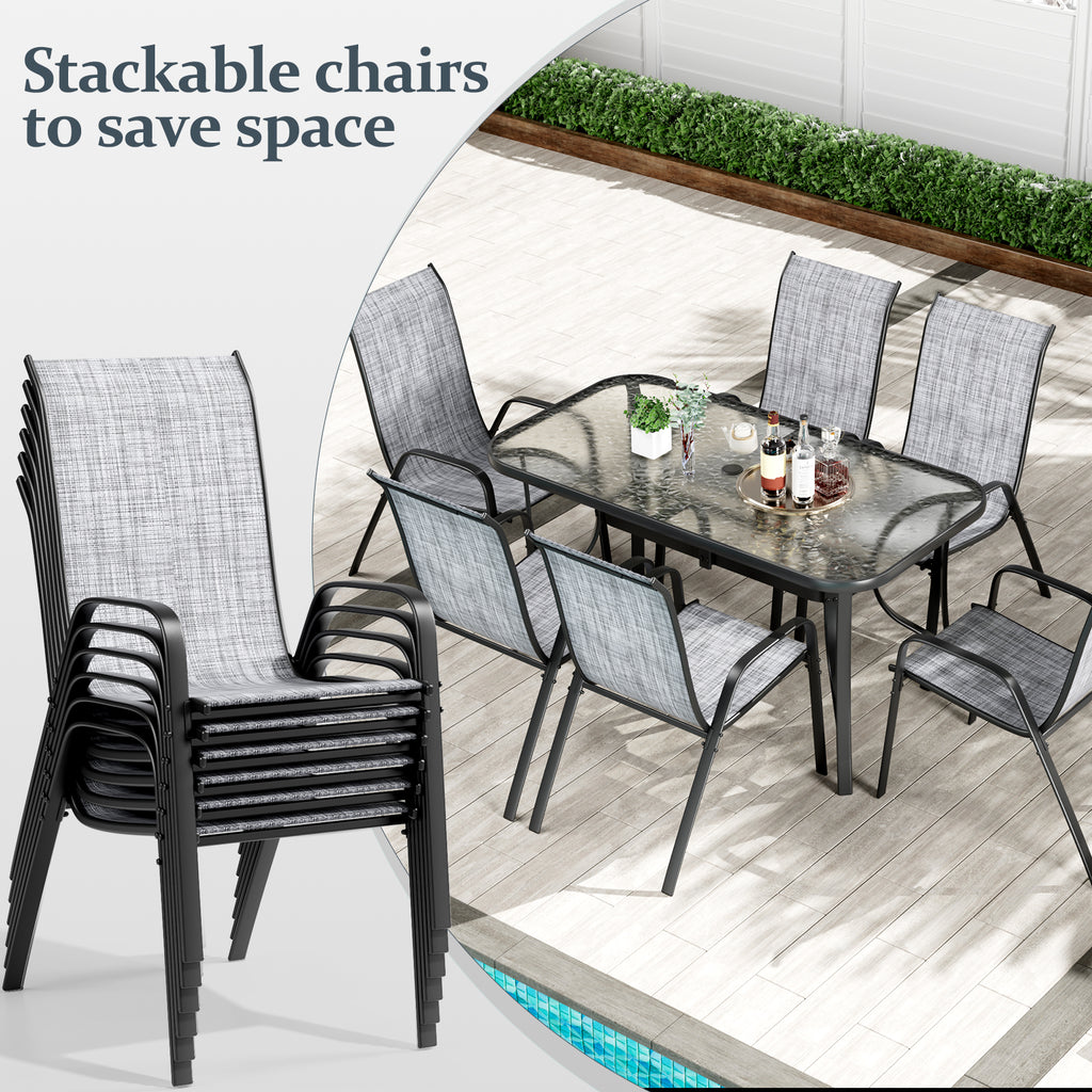 TLSUNNY Patio Table and 6 Chairs Set, Outdoor Furniture Set of 7, Widened Table w/ Umbrella Hole, Stackable Textilene Chairs, for Backyard, Porch, Garden