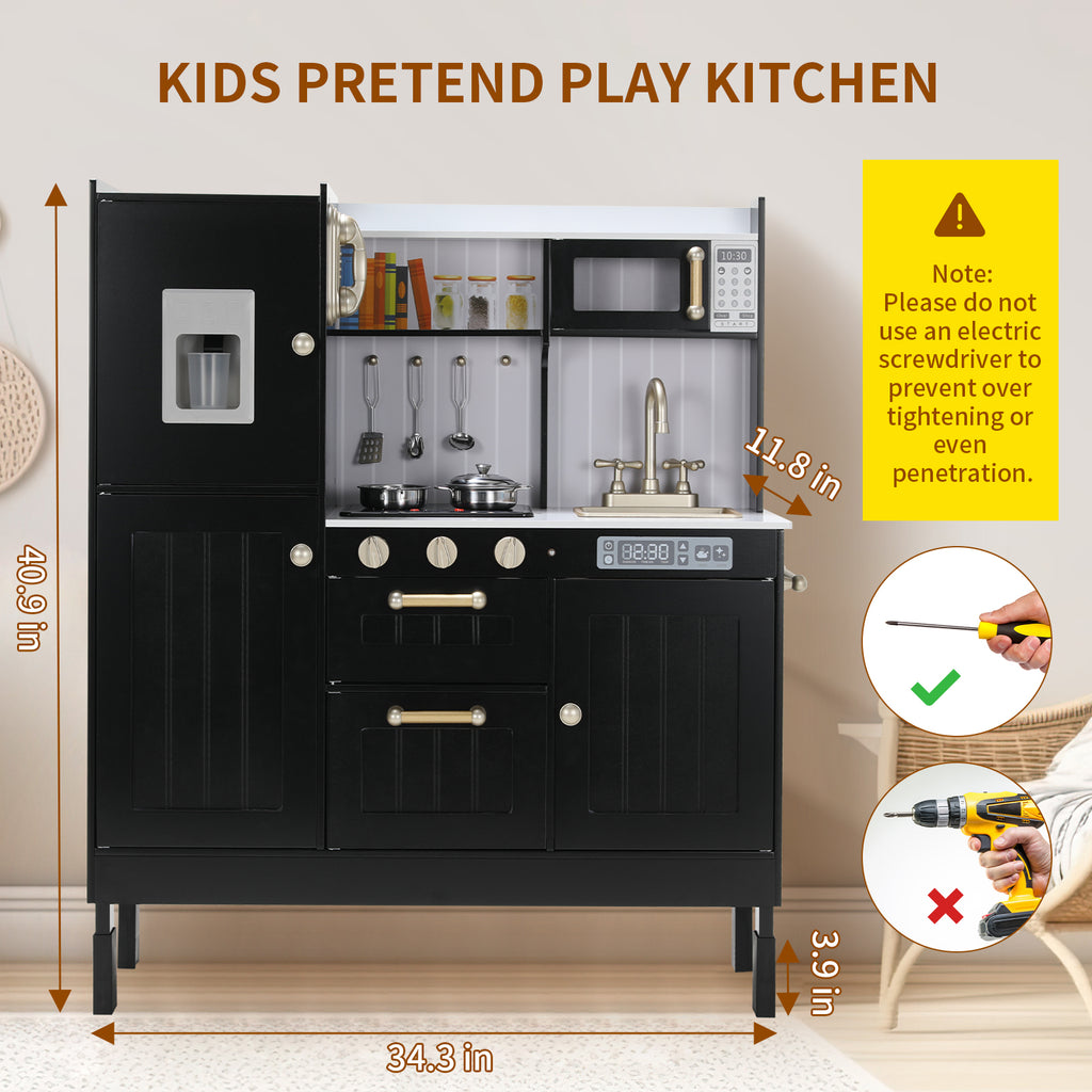 TLSUNNY Kids Play Kitchen, Wooden Kitchen Playset w/ Realistic Light & Sound and Cooking Accessories