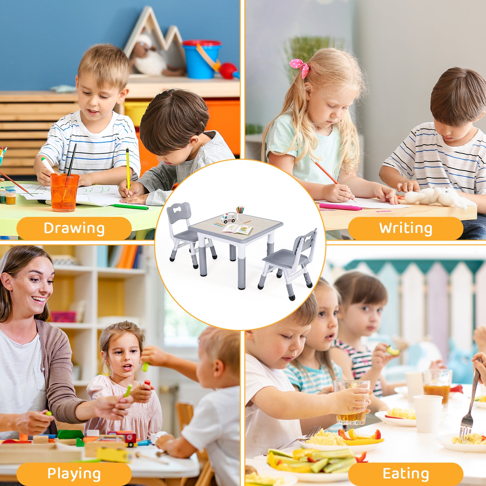TLSUNNY Kids Table and 2 Chairs Set, Height Adjustable Toddler Play Activity Table Set with Graffiti Desktop, for Playroom, Daycare