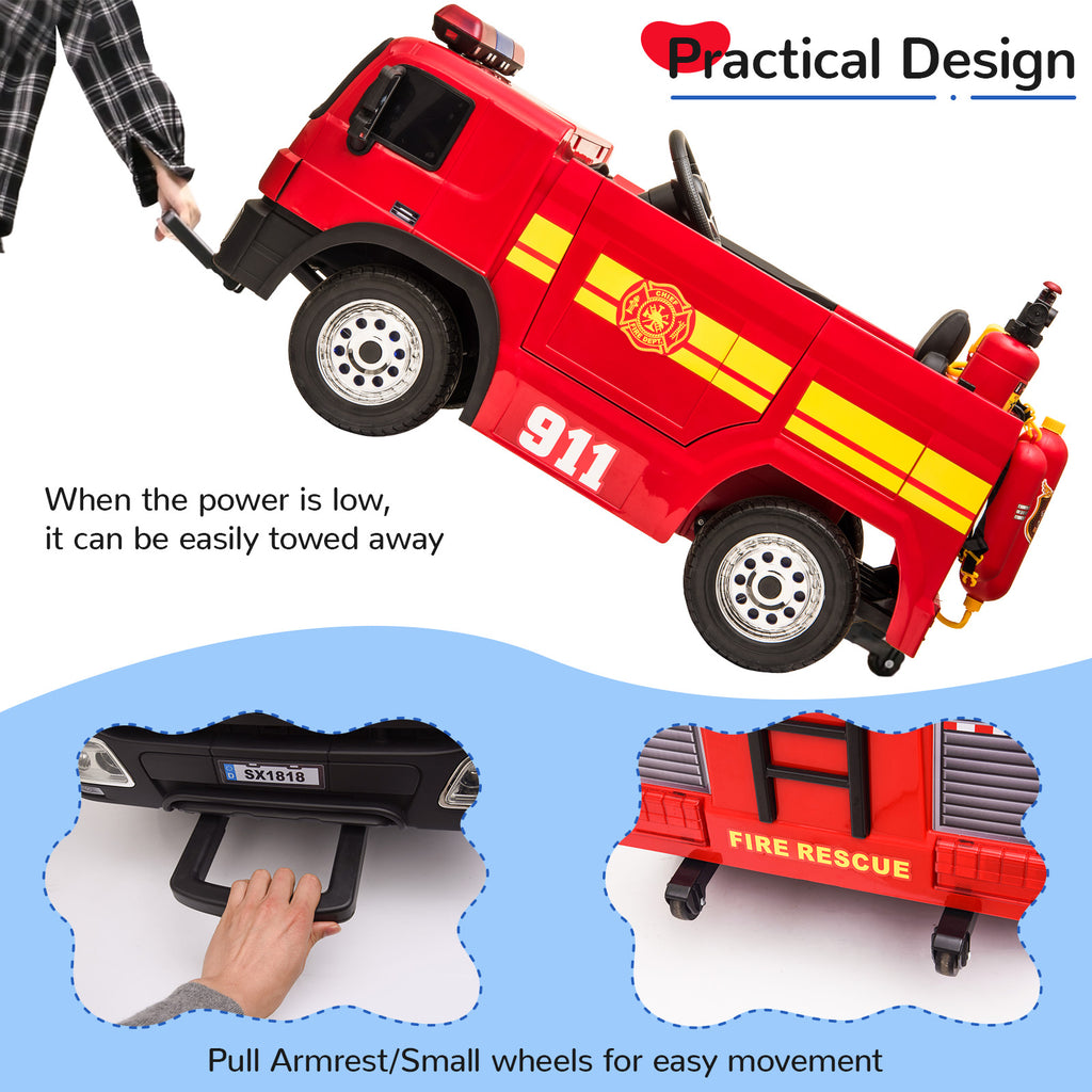 TLSUNNY 12V Ride on Fire Truck, w/Parent Remote Control,  Siren-Call, Flashing Lights, Fire Extinguishers, for Kids Age 3+