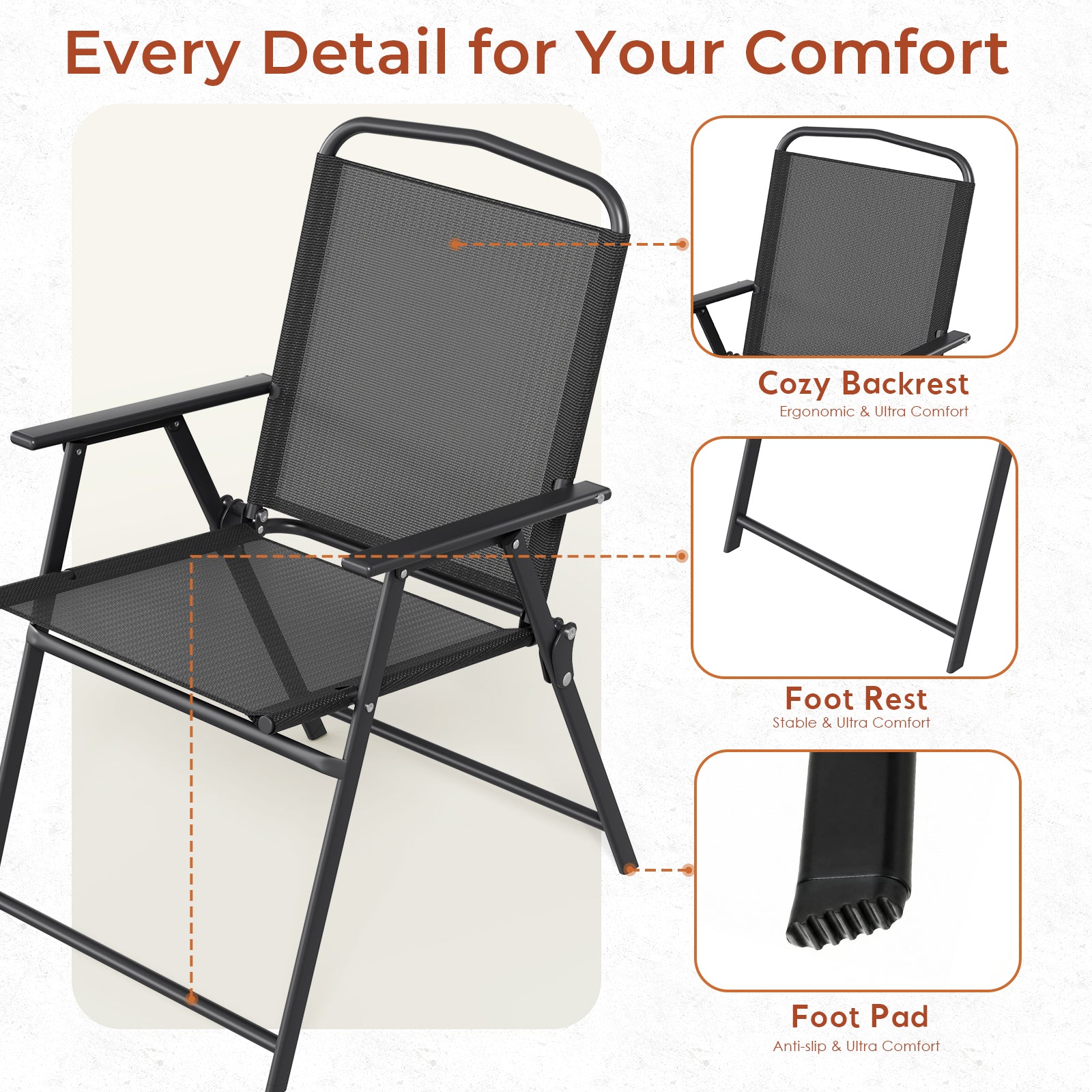 TLSUNNY Folding Patio Chair Set, Portable Dining Chairs with Armrest, Outdoor Foldable Chairs, Brown