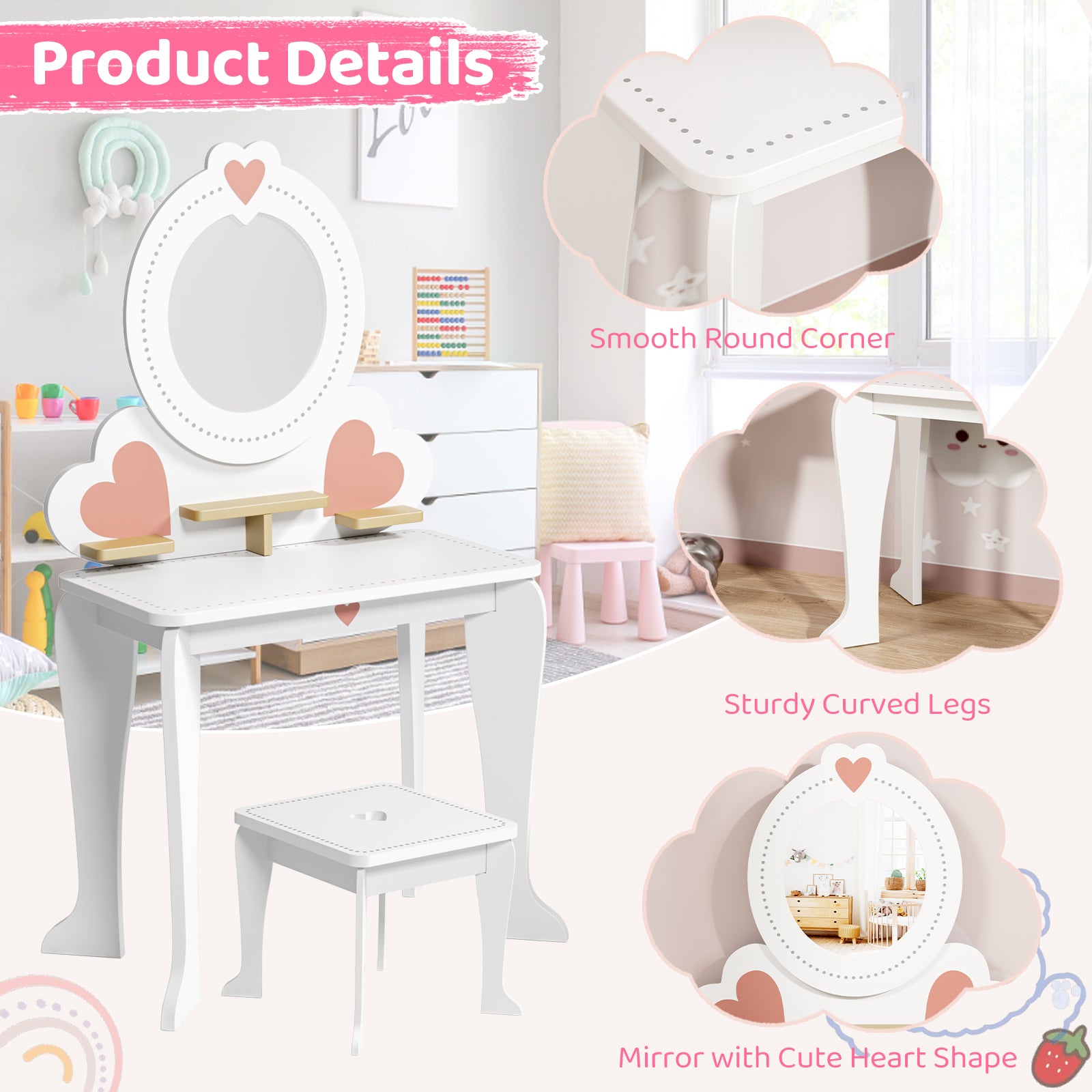 TLSUNNY Kids Princess Vanity Set, Make Up Table and Stool Play Set for Girls, Toddler Wooden Makeup Toys with 8 Pcs Accessories for Pretend Play