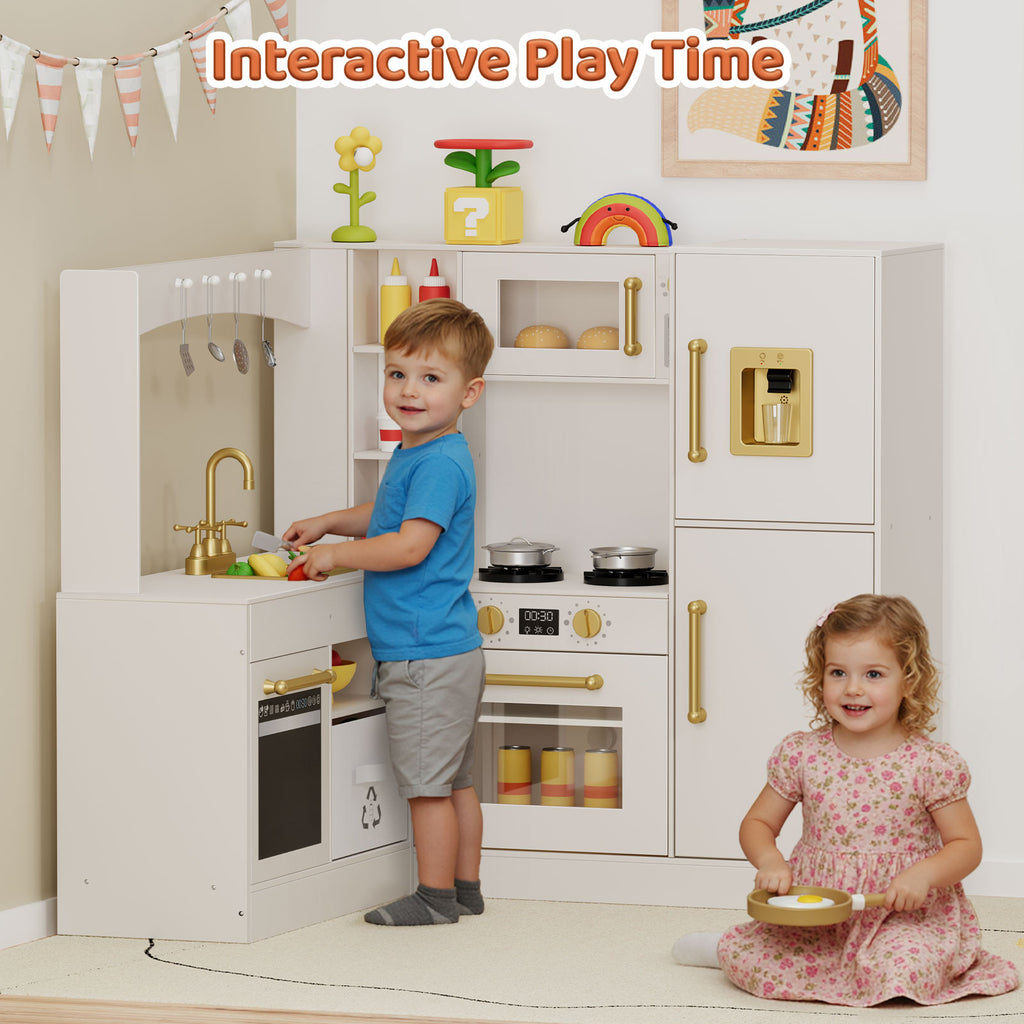 TLSUNNY Corner Play Kitchen with Lights & Sounds, Sink, Fridge, Microwave & Storage, Wooden Toddler Toy for Ages 3+