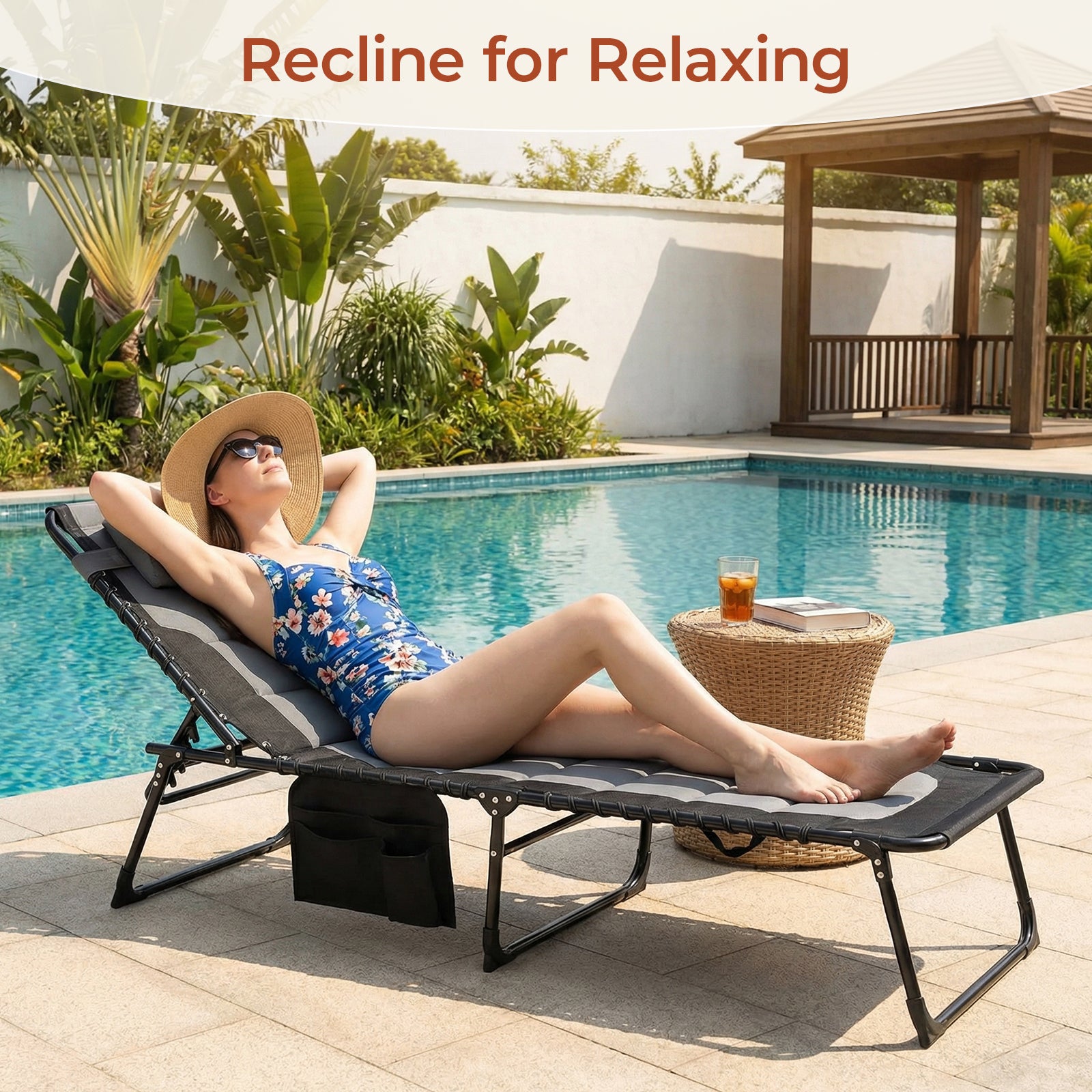 TLSUNNY Outdoor Folding Lounge Chair, Portable Adjustable Back & Leg Chaise Lounges with Pillow, Side Pocket, Carrying Handle, for Patio, Office