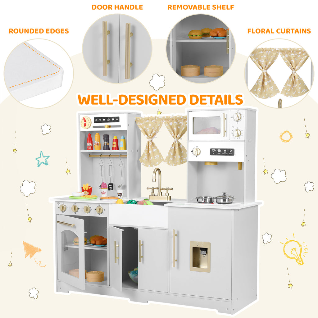 TLSUNNY Kids Play Kitchen with Realistic Lights & Sounds, Wooden Toy Pretend Play Kitchen Set w/ Sink, Faucet, Microwave, Curtain for Ages 3+