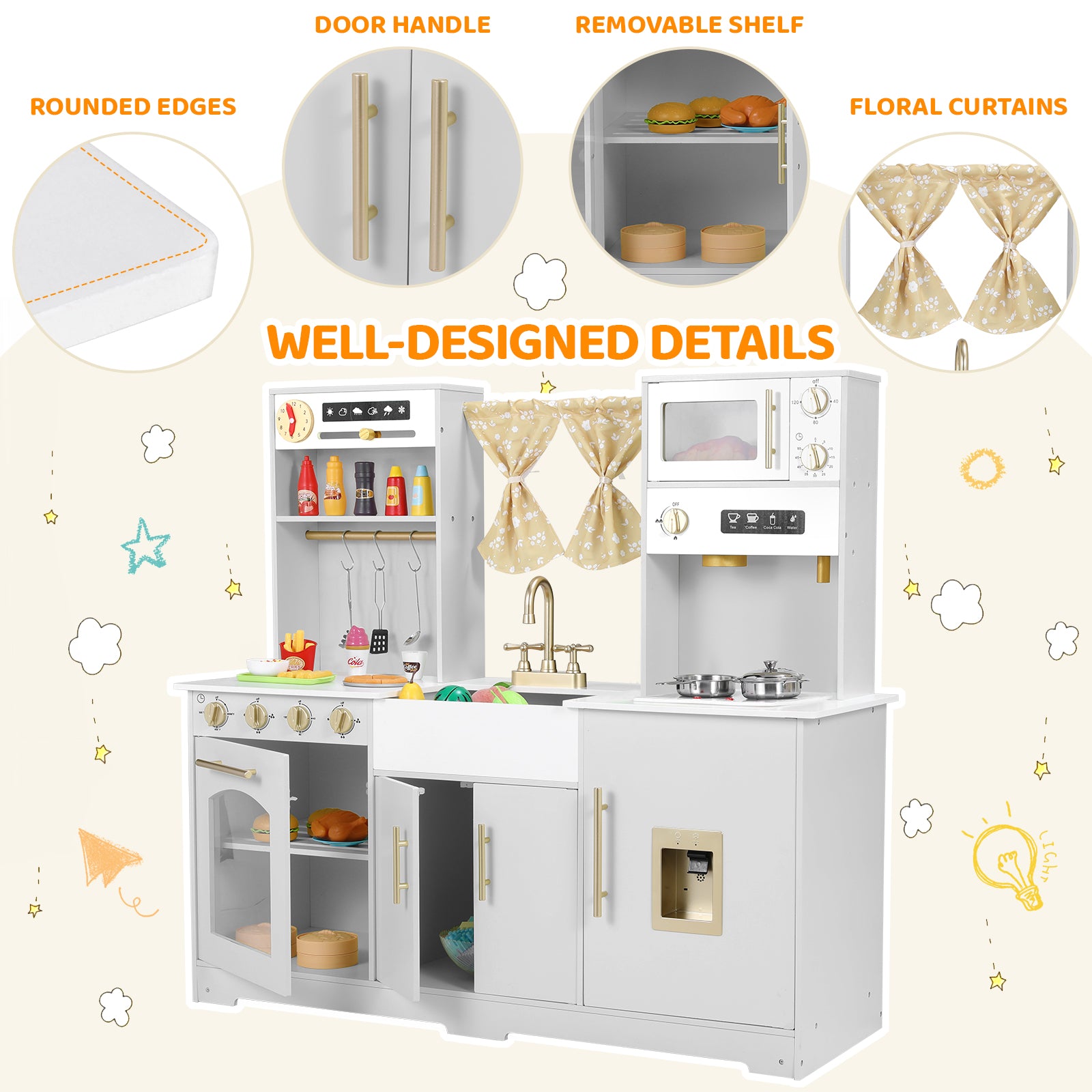 TLSUNNY Kids Play Kitchen with Realistic Lights & Sounds, Wooden Toy Pretend Play Kitchen Set w/ Sink, Faucet, Microwave, Curtain for Ages 3+