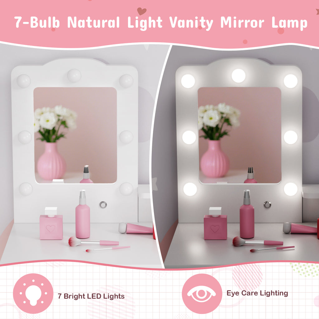 TLSUNNY Toddler Princess Vanity Set with Lights, Wooden Makeup Table and Chair with Mirror and 2 Storage Drawers, Gift for Little Girls