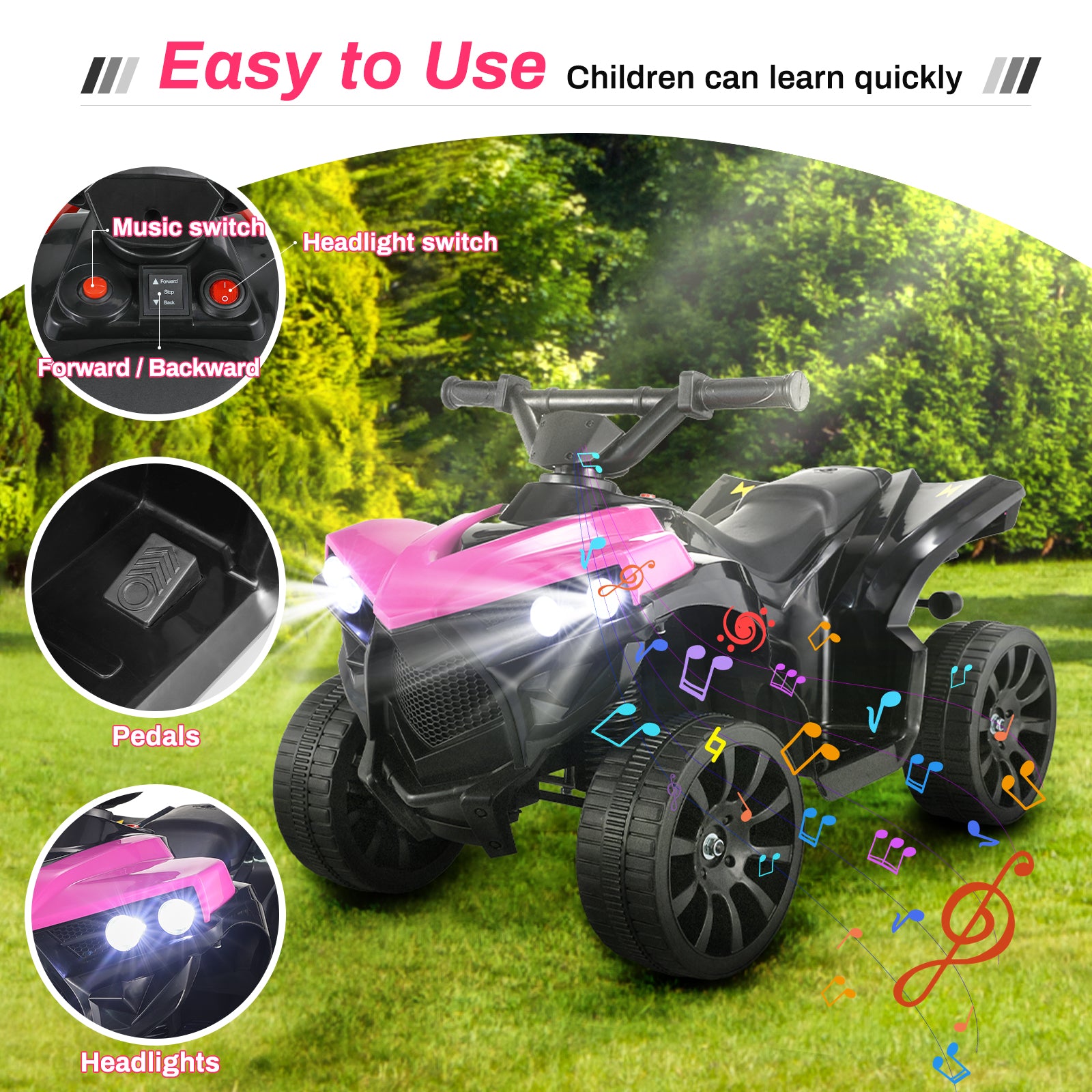 TLSUNNY Electric Ride-On ATV for Toddlers, 6V 4-Wheeler with Pedal Accelerator & Music, for Indoor/Outdoor