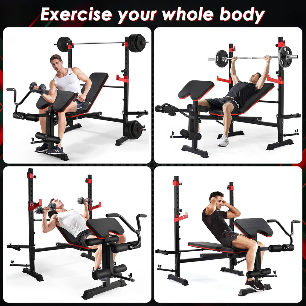 TLSUNNY 900LBS Adjustable Weight Bench Set, w/ Barbell Rack, Leg Extension & Preacher Curl, Strength Training Equipment, for Home Gym Workouts